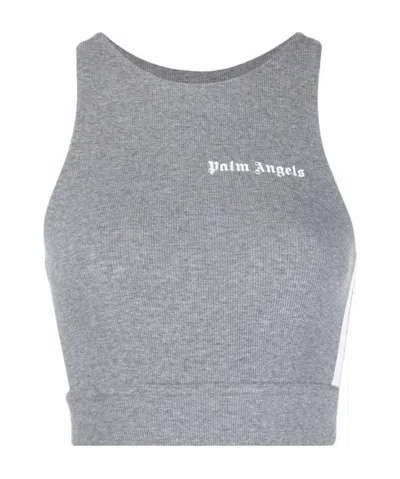 Palm Angels Logo Printed Ribbed Knit Sport Bra In Gray