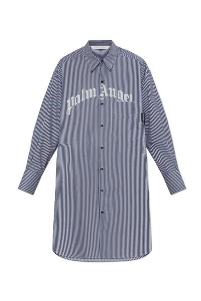 Palm Angels Logo Printed Striped Midi Dress In Blue