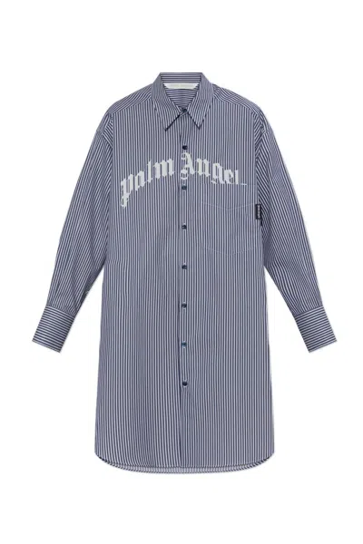 Palm Angels Striped Logo Print Midi Shirt Dress In Navy Blue - Off White