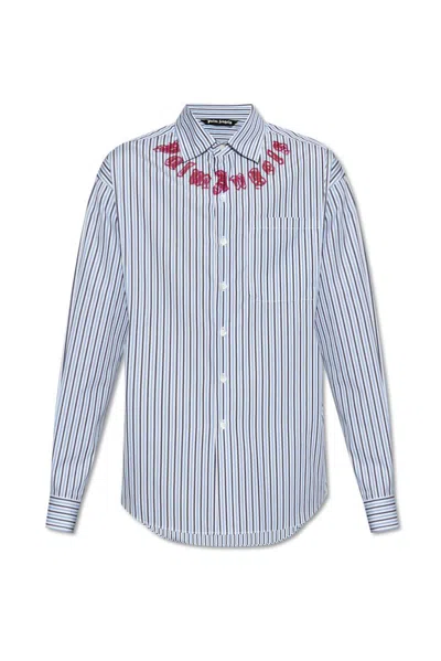 Palm Angels Logo Printed Striped Shirt In Blue