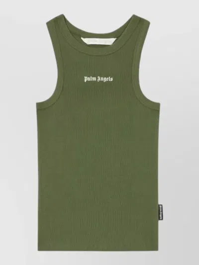 Palm Angels Logo Rib Tank Top Sleeveless Design In Green