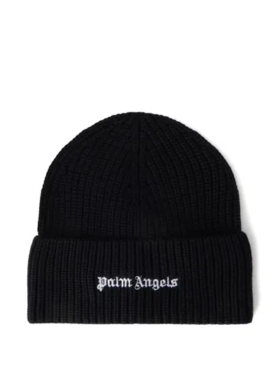 Palm Angels Logo Ribbed Beanie Hat In Black