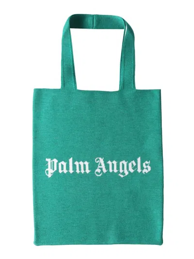 Palm Angels Logo Wool Shopper Shoulder Bag In Green