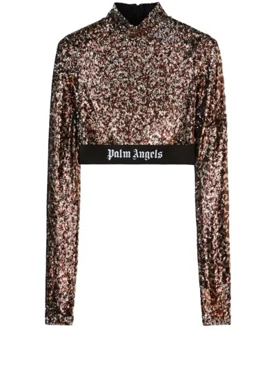 PALM ANGELS LOGO-STRAP SEQUIN CROPPED TOP