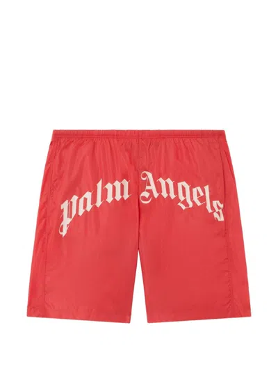 Palm Angels Logo Swim Shorts Knee Length Back Pocket In Orange