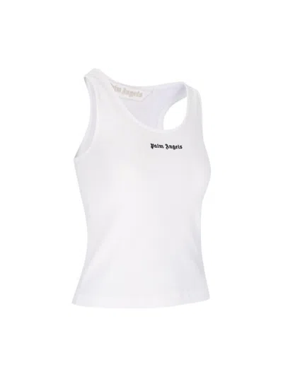 Palm Angels White Logo-embroidered Ribbed Tank Top In Neutral