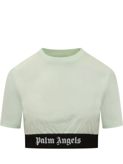 Palm Angels Logo Cotton Cropped T-shirt In Mint Black