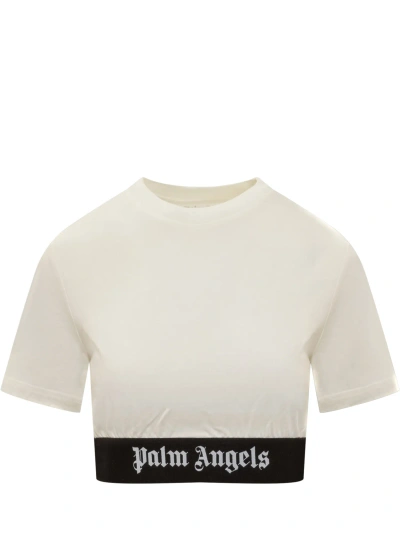 Palm Angels Logo Tape Crop T-shirt In Off White