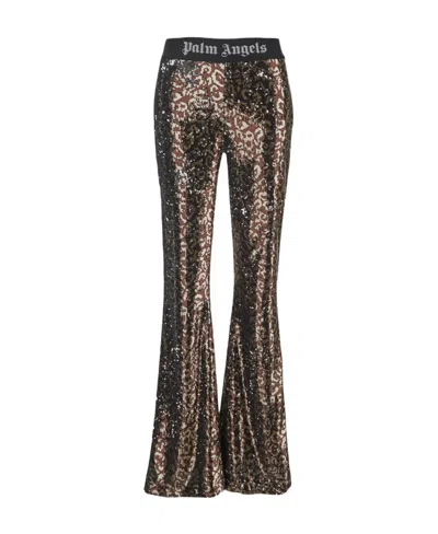 Palm Angels Logo-tape Sequin Flared Trousers In Black