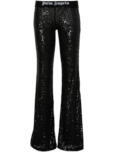 Palm Angels Logo Tape Sequins Flare Trousers In Black