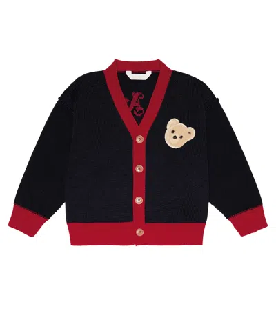 Palm Angels Kids' Logo Wool Cardigan In Navy Blue