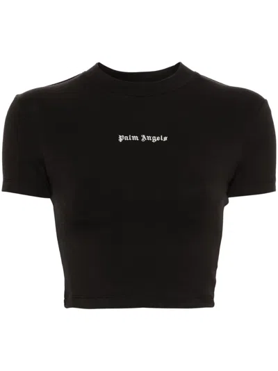 Palm Angels Logo-embroidered Cropped T-shirt In Black