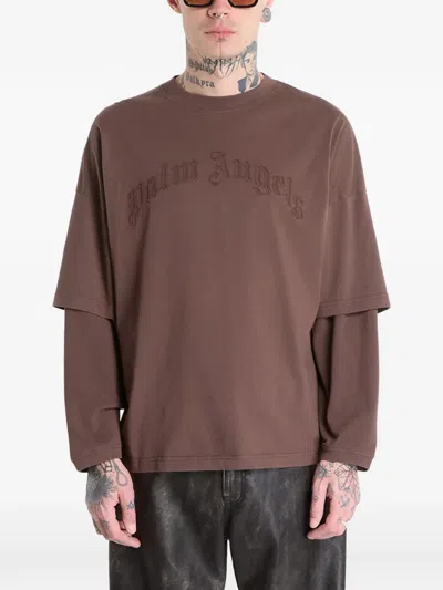 Palm Angels Logo-embroidered Layered T-shirt In Brown