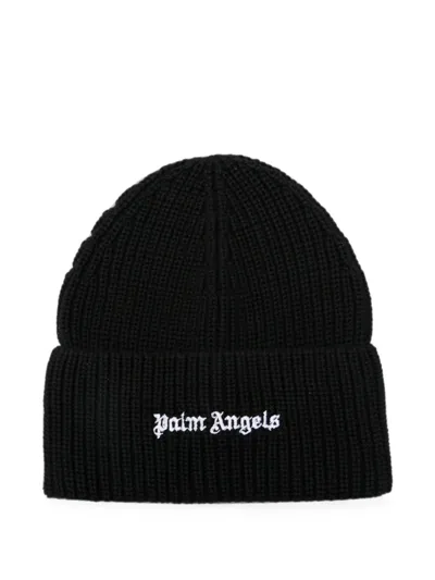 Palm Angels Logo-embroidered Ribbed-knit Beanie In Black