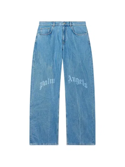Palm Angels Blue Splitted Curved Logo 5-pocket Jeans