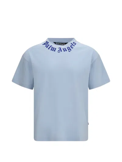 Palm Angels Regular T-shirt With Logo On The Neck In Blue