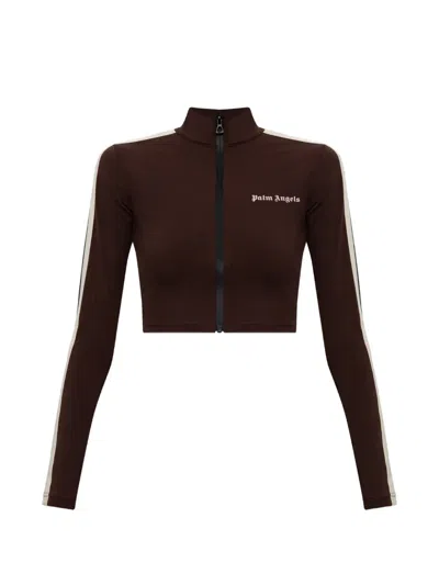 Palm Angels Logo-print Zip-up Cropped Sweatshirt In Brown