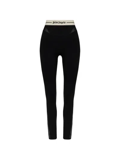 Palm Angels Logo-waistband Mesh-panel Leggings In Black