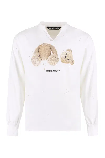 Palm Angels Long Sleeve Printed Cotton T-shirt In White