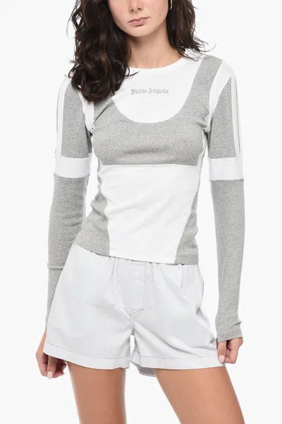 Palm Angels Long Sleeved Cut Fitted T-shirt With Contrasting Fabric In Off White Light Grey