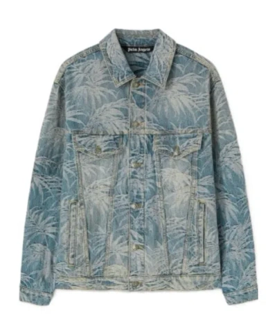 Palm Angels Long-sleeved Denim Jacket In Gray