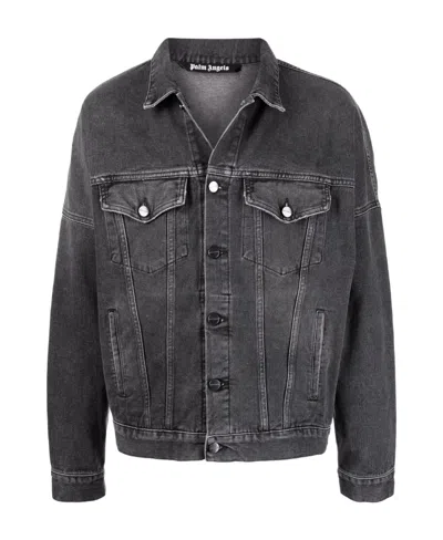 Palm Angels Long Sleeved Logo Printed Denim Jacket In Black