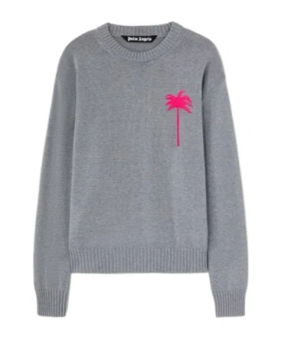 Palm Angels Knit Sweater With Palm Tree Motif In Grey