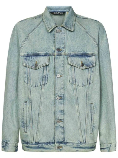 Palm Angels Loose-fit Mint-colored Overdyed Cotton Denim Jacket In Grey