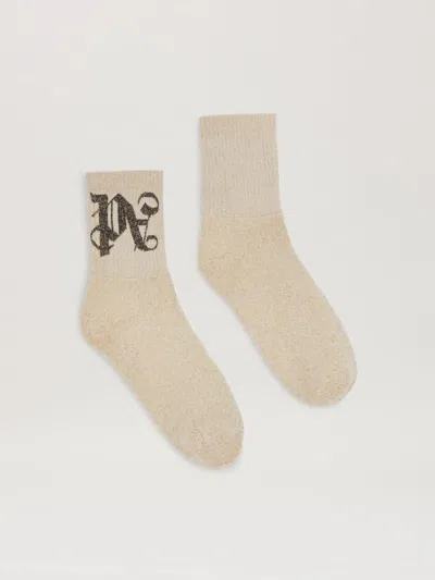Palm Angels Lurex Short Socks With Monogram In 7610 Gold - Black