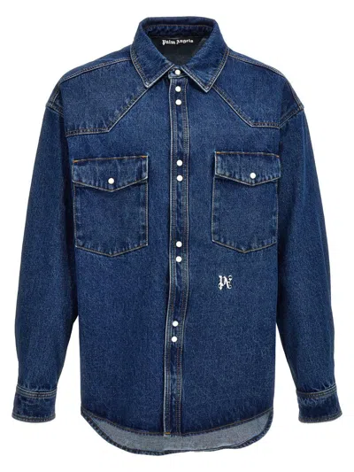 Palm Angels Men Denim Shirt In Blue