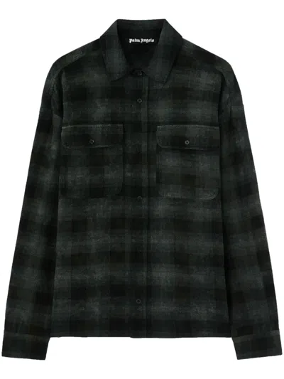Palm Angels Gray Curved Logo Check Shirt In 5603 Military Green - Off White