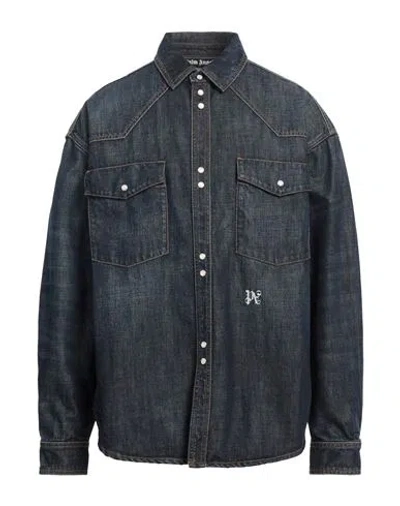 Palm Angels Man Denim Shirt Blue Size L Cotton, Polyester
