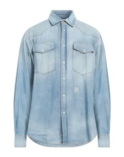 Palm Angels Man Denim Shirt Blue Size Xl Cotton, Leather