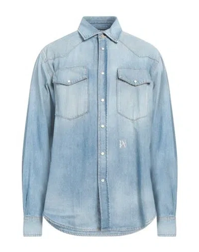 PALM ANGELS PALM ANGELS MAN DENIM SHIRT BLUE SIZE L COTTON, LEATHER
