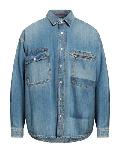 Palm Angels Man Denim Shirt Blue Size Xl Cotton, Polyester