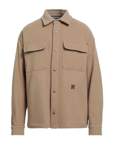Palm Angels Man Shirt Sand Size 44 Virgin Wool In Brown