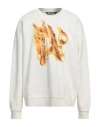 Palm Angels White Crewneck Sweatshirt With Burning Logo Print In Cotton Man In Off White