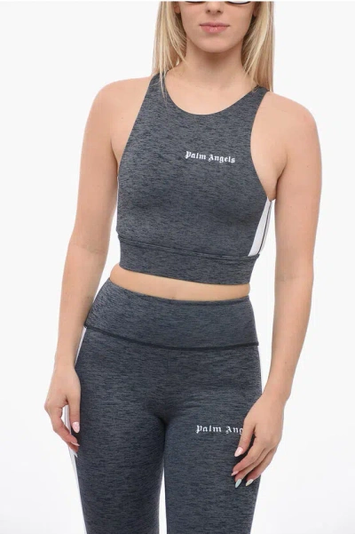 Palm Angels Melange Active Crop Top With Printed Logo In Gray
