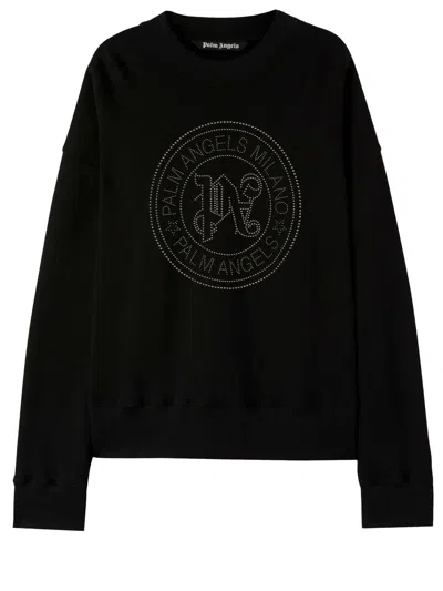 PALM ANGELS MEN'S BLACK CREWNECK SWEATSHIRT WITH EMBROIDERED EMBLEM AND SILVER STUDS