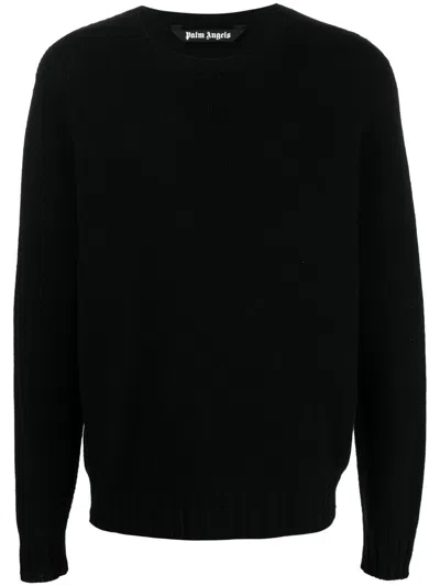 Palm Angels Men's Black Ribbed Knit Pullover With Logo Intarsia
