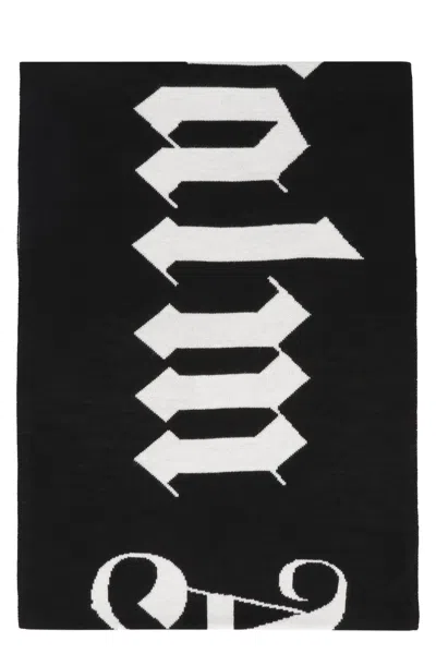 PALM ANGELS MEN'S BLACK WOOL BLEND SCARF FOR FW23: INTARSIA DETAIL, 182X39 CM