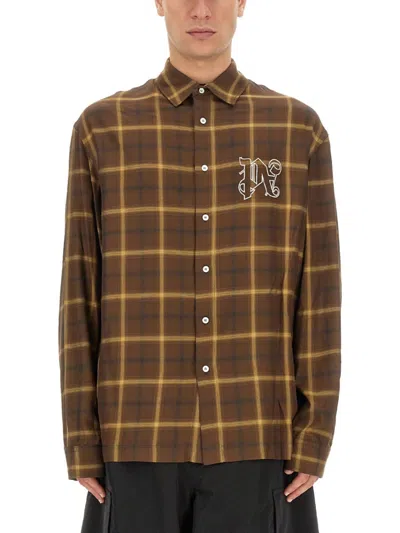 Palm Angels Logo Embroidered Checked Long-sleeved Shirt In Brown