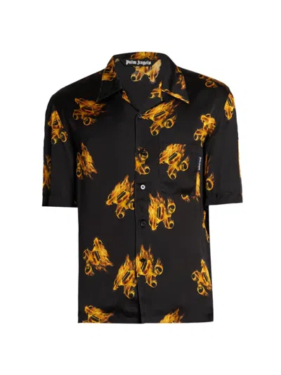 Palm Angels Men's Burning Monogram Camp Shirt In Black Gold