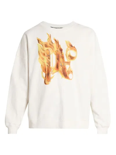 Palm Angels Men's Burning Monogram Cotton Sweatshirt In White Gold