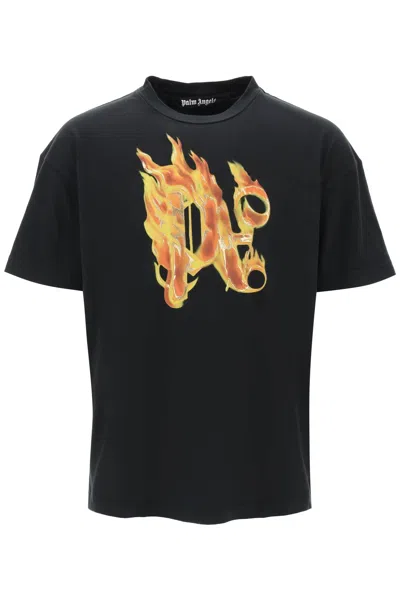 Palm Angels Burning Monogram Embellished Logo-print Cotton-jersey T-shirt In Gray