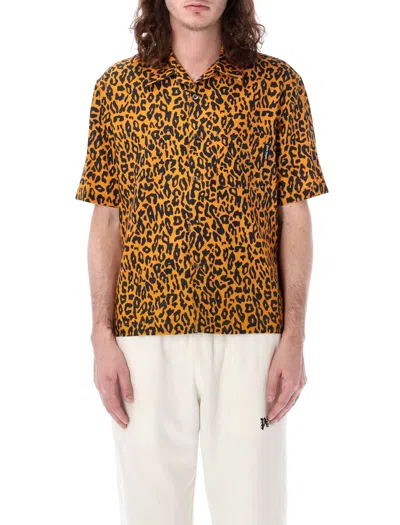 Palm Angels Men's Cheetah Print Bowling Shirt In Orange And Black In Orange_black