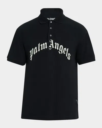 Palm Angels Curved Logo Embroidered Polo Shirt In Black