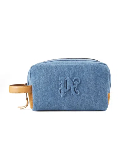 Palm Angels Men's Denim Monogram Pouch In Blue