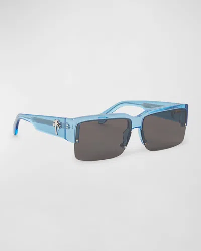 Palm Angels Men's Drain Half-rim Acetate Rectangle Sunglasses In Blue