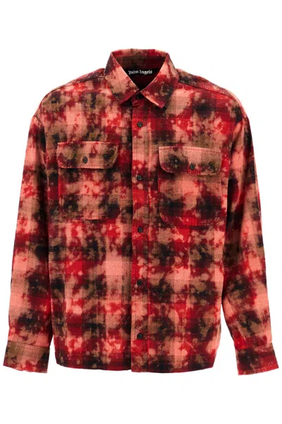 Palm Angels Flannel Shirt With Curved Logo In Red